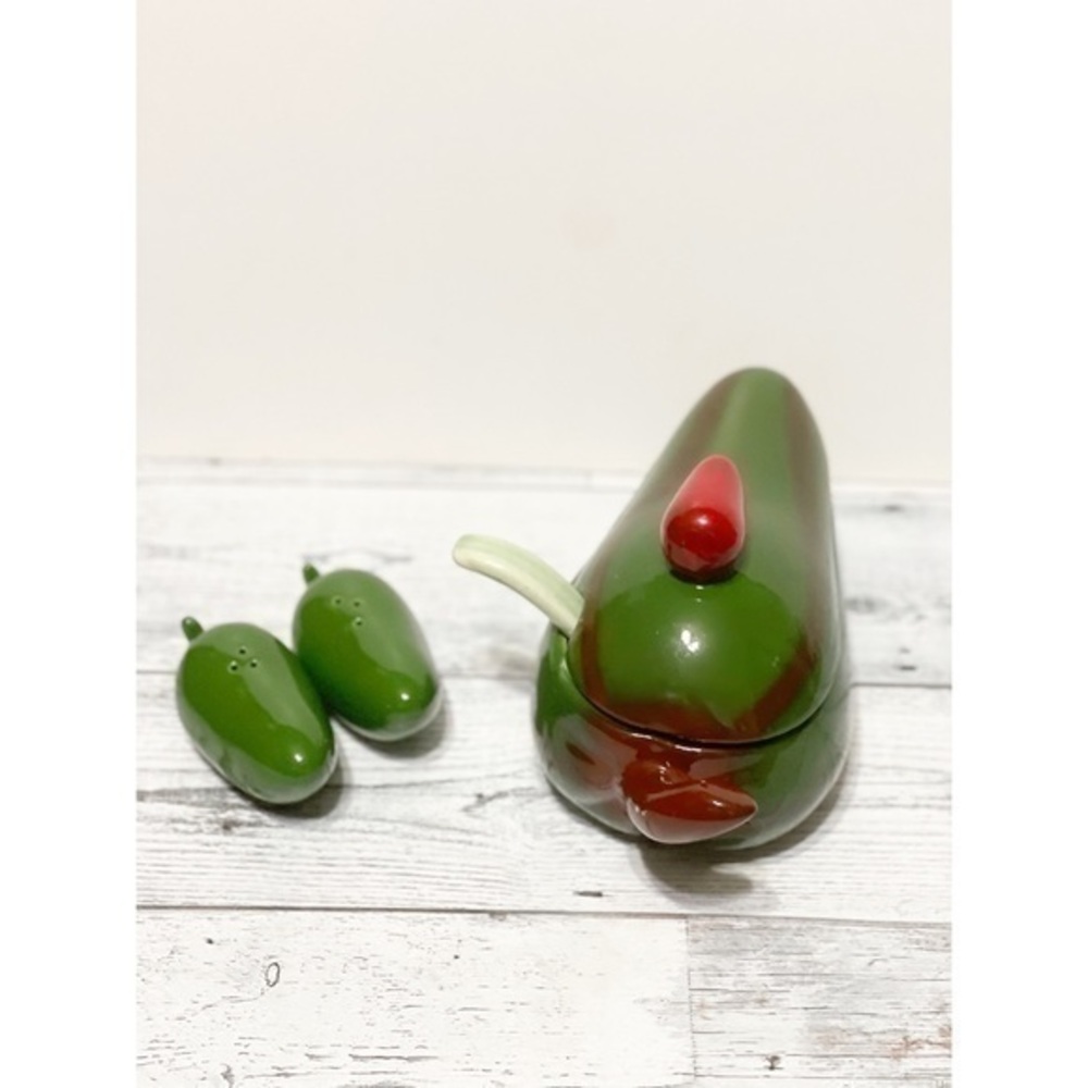 Jalapeno soup bowl and spoon with jalapeno salt and pepper shakers